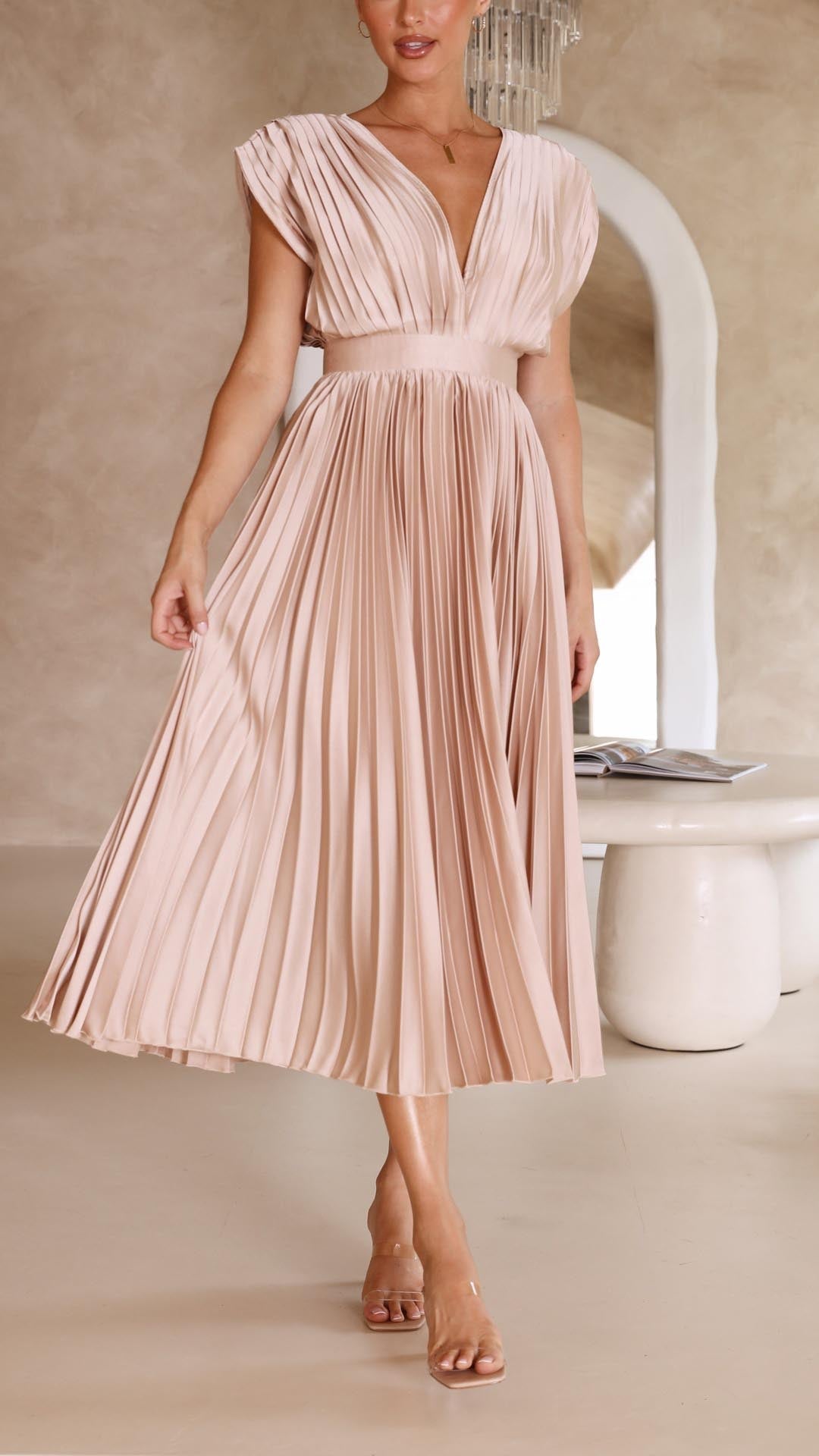Elena | Elegante Geplooide Midi Jurk voor Bruiloften en Feesten