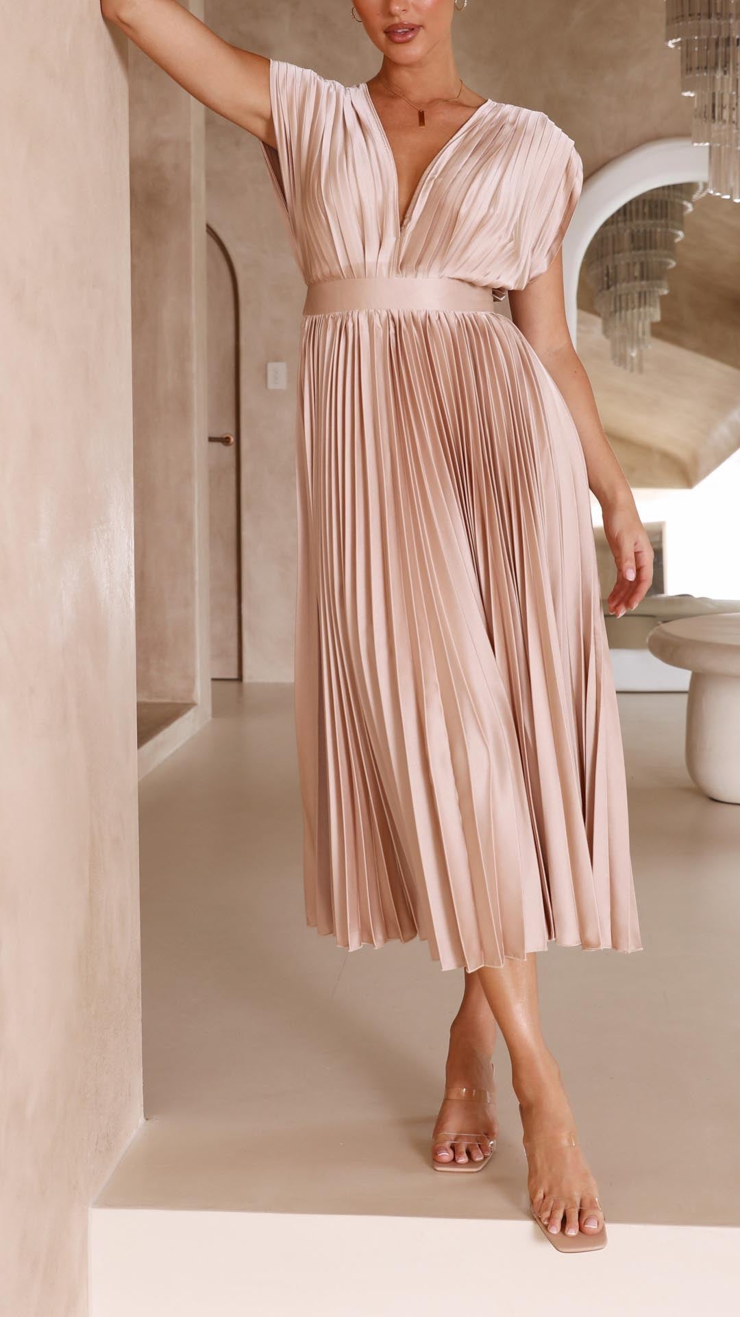 Elena | Elegante Geplooide Midi Jurk voor Bruiloften en Feesten