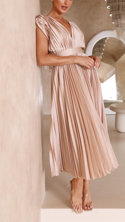 Elena | Elegante Geplooide Midi Jurk voor Bruiloften en Feesten