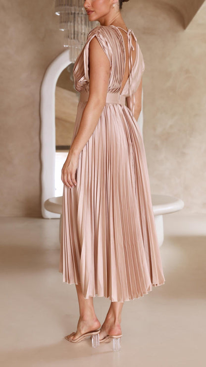 Elena | Elegante Geplooide Midi Jurk voor Bruiloften en Feesten