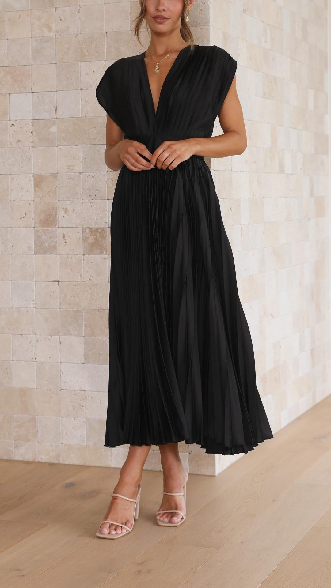 Elena | Elegante Geplooide Midi Jurk voor Bruiloften en Feesten