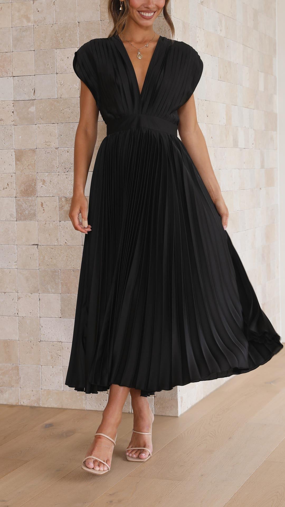 Elena | Elegante Geplooide Midi Jurk voor Bruiloften en Feesten
