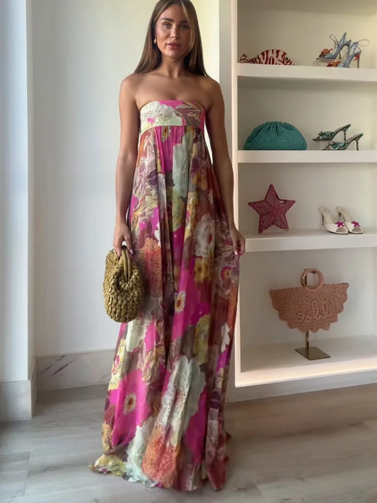Strapless Bloemen Maxi Jurk met Losvallende Boho Pasvorm