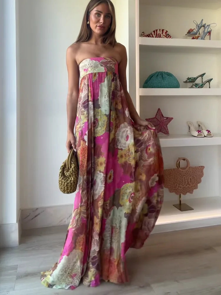 Strapless Bloemen Maxi Jurk met Losvallende Boho Pasvorm