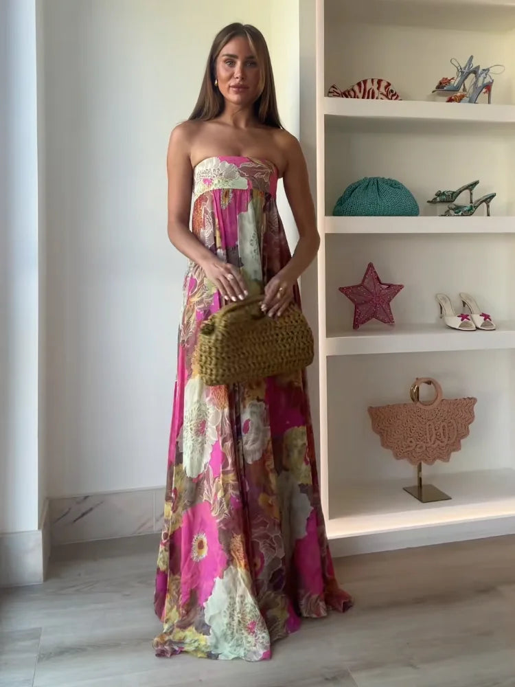 Strapless Bloemen Maxi Jurk met Losvallende Boho Pasvorm