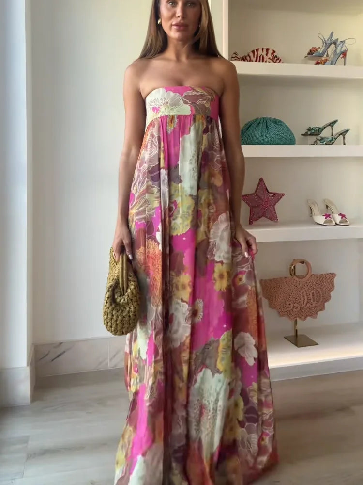 Strapless Bloemen Maxi Jurk met Losvallende Boho Pasvorm