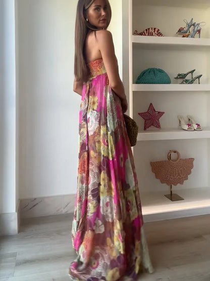 Strapless Bloemen Maxi Jurk met Losvallende Boho Pasvorm