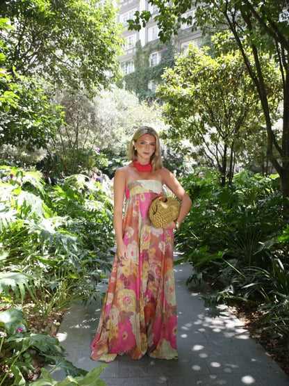 Strapless Bloemen Maxi Jurk met Losvallende Boho Pasvorm