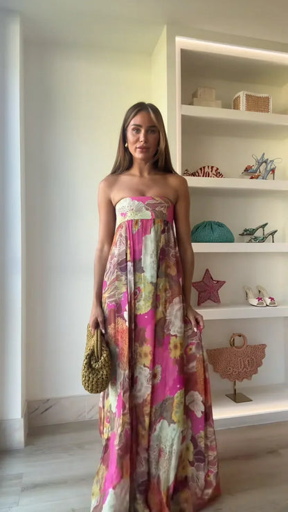 Strapless Bloemen Maxi Jurk met Losvallende Boho Pasvorm