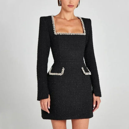Dames Mini Jurk | Vierkante Hals & Getailleerde Pasvorm-Kleding – Dames – Jurken – Mini Jurken-Myna Mode-Zwart-S-Myna Mode