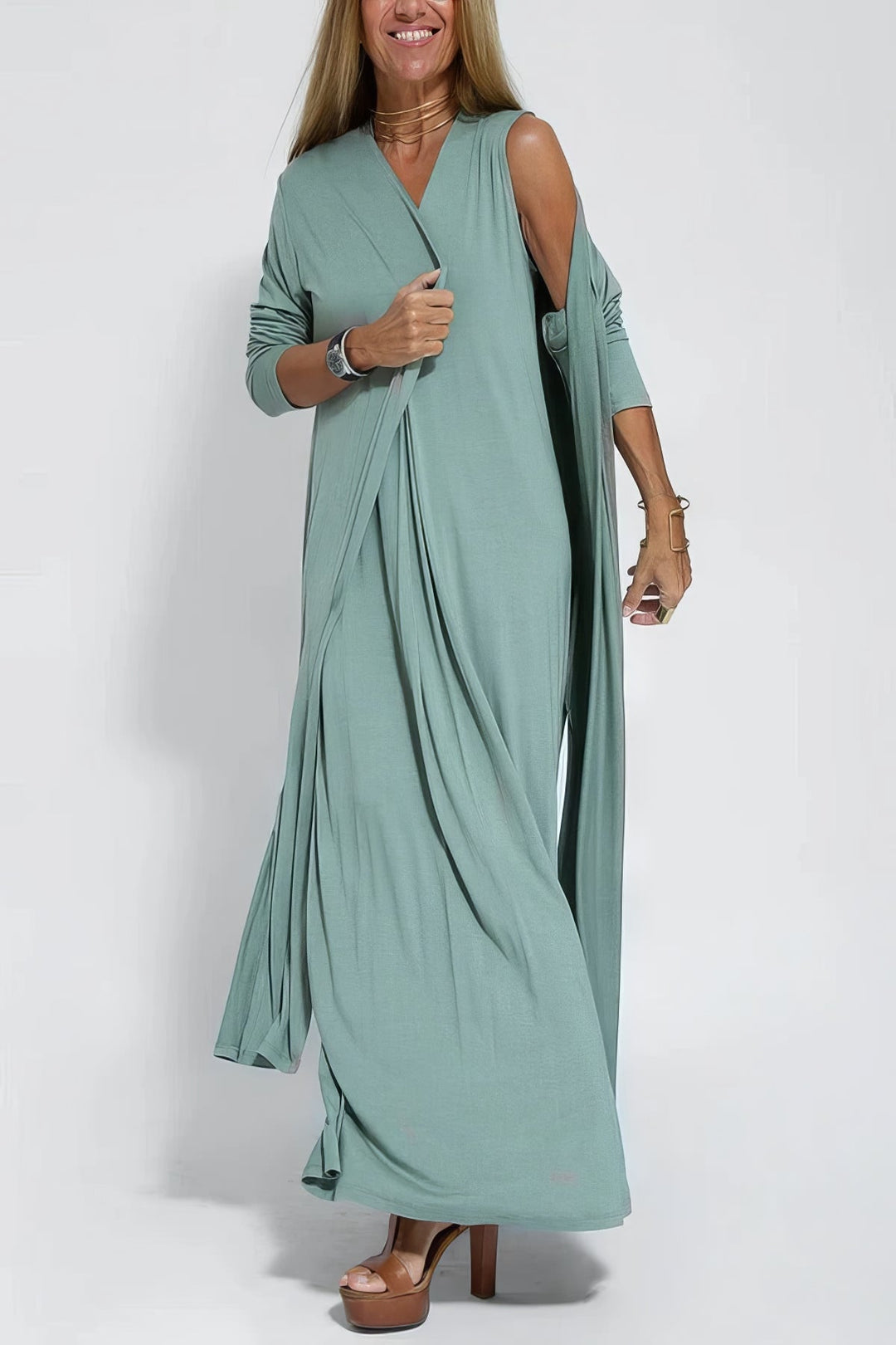 Ava – Elegante lange jurk met cardigan set